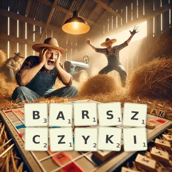 Kreatywna ilustracja do gry w Scrabble ze słowem BARSZCZYKI ułożonym z płytek na planszy.