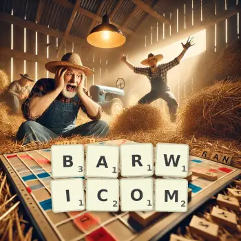 Kreatywna ilustracja do gry w Scrabble ze słowem BARWICOM ułożonym z płytek na planszy.