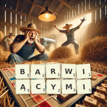 Kreatywna ilustracja do gry w Scrabble ze słowem BARWIĄCYMI ułożonym z płytek na planszy.