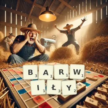 Kreatywna ilustracja do gry w Scrabble ze słowem BARWIŁY ułożonym z płytek na planszy.