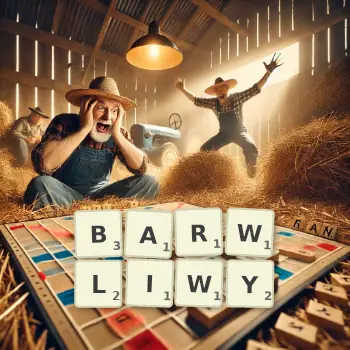 Kreatywna ilustracja do gry w Scrabble ze słowem BARWLIWY ułożonym z płytek na planszy.