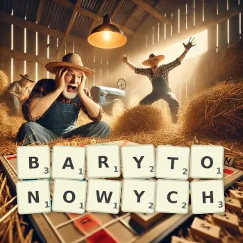 Kreatywna ilustracja do gry w Scrabble ze słowem BARYTONOWYCH ułożonym z płytek na planszy.