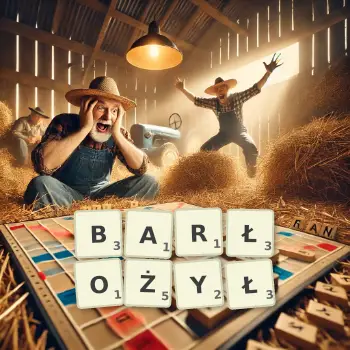 Kreatywna ilustracja do gry w Scrabble ze słowem BARŁOŻYŁ ułożonym z płytek na planszy.
