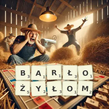 Kreatywna ilustracja do gry w Scrabble ze słowem BARŁOŻYŁOM ułożonym z płytek na planszy.