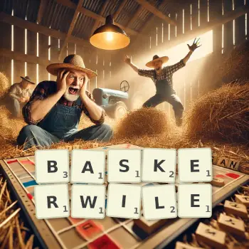Kreatywna ilustracja do gry w Scrabble ze słowem BASKERWILE ułożonym z płytek na planszy.
