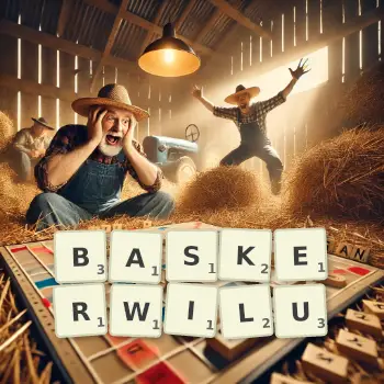 Kreatywna ilustracja do gry w Scrabble ze słowem BASKERWILU ułożonym z płytek na planszy.