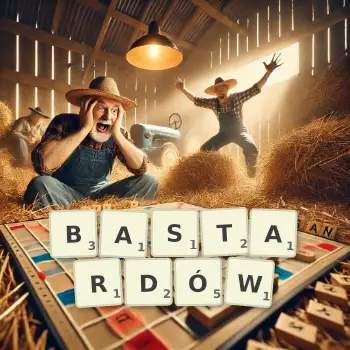 Kreatywna ilustracja do gry w Scrabble ze słowem BASTARDÓW ułożonym z płytek na planszy.