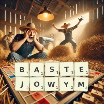 Kreatywna ilustracja do gry w Scrabble ze słowem BASTEJOWYM ułożonym z płytek na planszy.