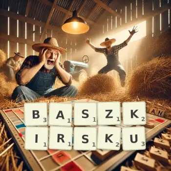 Kreatywna ilustracja do gry w Scrabble ze słowem BASZKIRSKU ułożonym z płytek na planszy.