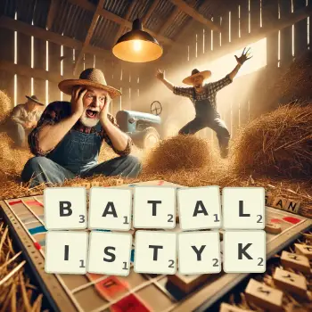 Kreatywna ilustracja do gry w Scrabble ze słowem BATALISTYK ułożonym z płytek na planszy.