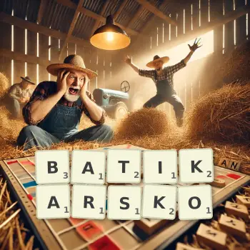 Kreatywna ilustracja do gry w Scrabble ze słowem BATIKARSKO ułożonym z płytek na planszy.