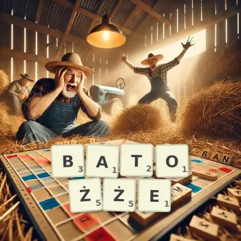 Kreatywna ilustracja do gry w Scrabble ze słowem BATOŻŻE ułożonym z płytek na planszy.