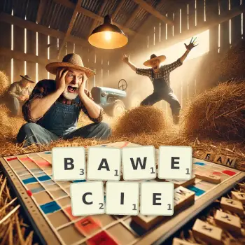 Kreatywna ilustracja do gry w Scrabble ze słowem BAWECIE ułożonym z płytek na planszy.