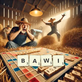 Kreatywna ilustracja do gry w Scrabble ze słowem BAWI ułożonym z płytek na planszy.