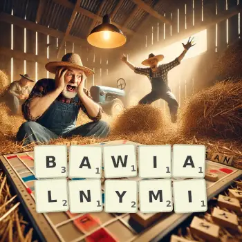 Kreatywna ilustracja do gry w Scrabble ze słowem BAWIALNYMI ułożonym z płytek na planszy.