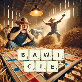 Kreatywna ilustracja do gry w Scrabble ze słowem BAWICIE ułożonym z płytek na planszy.