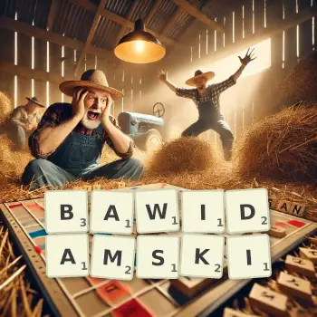 Kreatywna ilustracja do gry w Scrabble ze słowem BAWIDAMSKI ułożonym z płytek na planszy.
