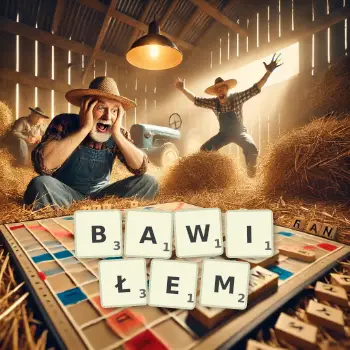 Kreatywna ilustracja do gry w Scrabble ze słowem BAWIŁEM ułożonym z płytek na planszy.