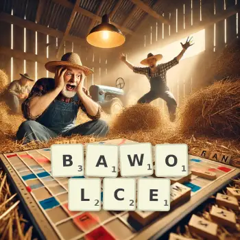 Kreatywna ilustracja do gry w Scrabble ze słowem BAWOLCE ułożonym z płytek na planszy.
