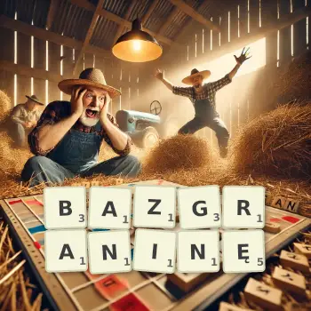 Kreatywna ilustracja do gry w Scrabble ze słowem BAZGRANINĘ ułożonym z płytek na planszy.