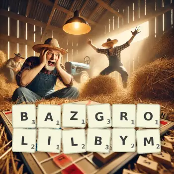 Kreatywna ilustracja do gry w Scrabble ze słowem BAZGROLILBYM ułożonym z płytek na planszy.