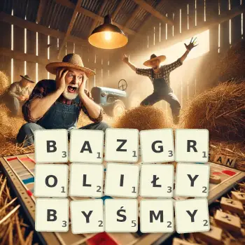 Kreatywna ilustracja do gry w Scrabble ze słowem BAZGROLIŁYBYŚMY ułożonym z płytek na planszy.