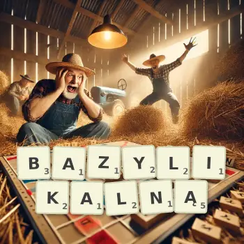 Kreatywna ilustracja do gry w Scrabble ze słowem BAZYLIKALNĄ ułożonym z płytek na planszy.