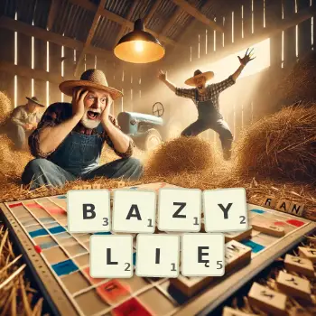 Kreatywna ilustracja do gry w Scrabble ze słowem BAZYLIĘ ułożonym z płytek na planszy.