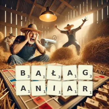 Kreatywna ilustracja do gry w Scrabble ze słowem BAŁAGANIAR ułożonym z płytek na planszy.