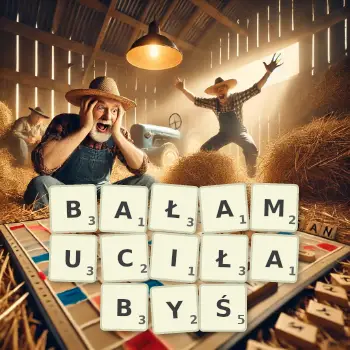 Kreatywna ilustracja do gry w Scrabble ze słowem BAŁAMUCIŁABYŚ ułożonym z płytek na planszy.