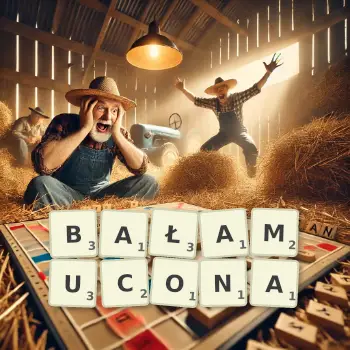 Kreatywna ilustracja do gry w Scrabble ze słowem BAŁAMUCONA ułożonym z płytek na planszy.