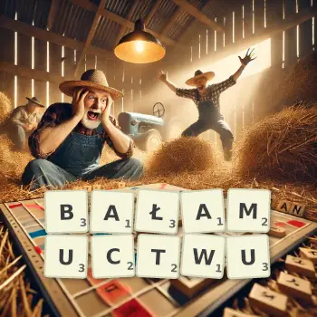 Kreatywna ilustracja do gry w Scrabble ze słowem BAŁAMUCTWU ułożonym z płytek na planszy.