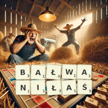 Kreatywna ilustracja do gry w Scrabble ze słowem BAŁWANIŁAŚ ułożonym z płytek na planszy.