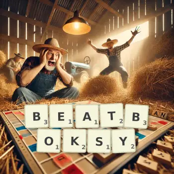 Kreatywna ilustracja do gry w Scrabble ze słowem BEATBOKSY ułożonym z płytek na planszy.