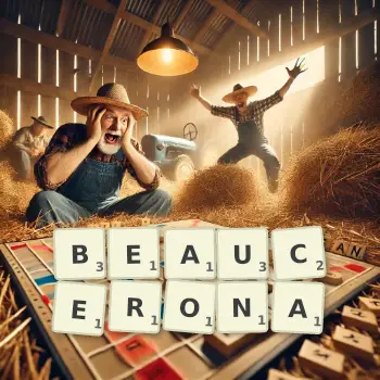 Kreatywna ilustracja do gry w Scrabble ze słowem BEAUCERONA ułożonym z płytek na planszy.