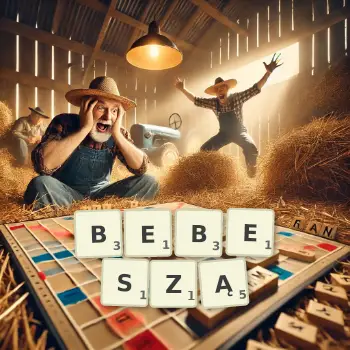 Kreatywna ilustracja do gry w Scrabble ze słowem BEBESZĄ ułożonym z płytek na planszy.
