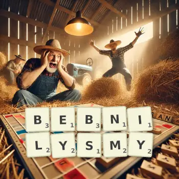 Kreatywna ilustracja do gry w Scrabble ze słowem BEBNILYSMY ułożonym z płytek na planszy.