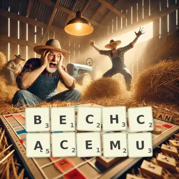 Kreatywna ilustracja do gry w Scrabble ze słowem BECHCĄCEMU ułożonym z płytek na planszy.