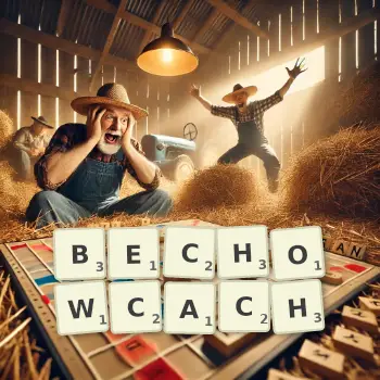 Kreatywna ilustracja do gry w Scrabble ze słowem BECHOWCACH ułożonym z płytek na planszy.