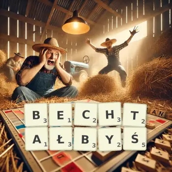 Kreatywna ilustracja do gry w Scrabble ze słowem BECHTAŁBYŚ ułożonym z płytek na planszy.