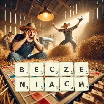 Kreatywna ilustracja do gry w Scrabble ze słowem BECZENIACH ułożonym z płytek na planszy.