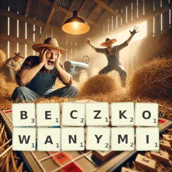 Kreatywna ilustracja do gry w Scrabble ze słowem BECZKOWANYMI ułożonym z płytek na planszy.