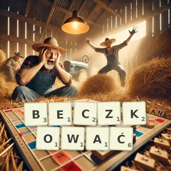 Kreatywna ilustracja do gry w Scrabble ze słowem BECZKOWAĆ ułożonym z płytek na planszy.