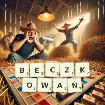 Kreatywna ilustracja do gry w Scrabble ze słowem BECZKOWAŃ ułożonym z płytek na planszy.