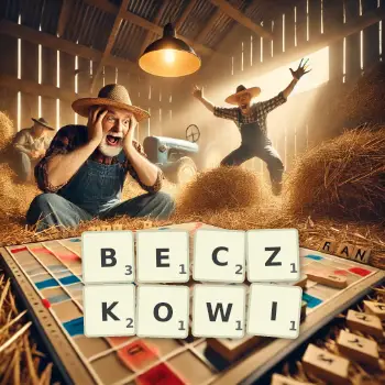 Kreatywna ilustracja do gry w Scrabble ze słowem BECZKOWI ułożonym z płytek na planszy.