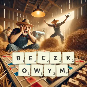 Kreatywna ilustracja do gry w Scrabble ze słowem BECZKOWYM ułożonym z płytek na planszy.
