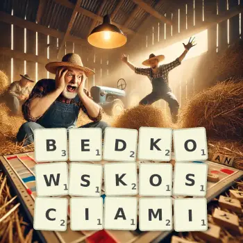 Kreatywna ilustracja do gry w Scrabble ze słowem BEDKOWSKOSCIAMI ułożonym z płytek na planszy.