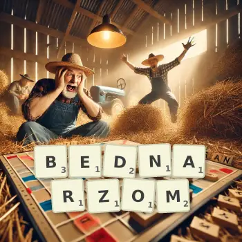 Kreatywna ilustracja do gry w Scrabble ze słowem BEDNARZOM ułożonym z płytek na planszy.