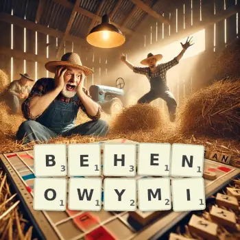 Kreatywna ilustracja do gry w Scrabble ze słowem BEHENOWYMI ułożonym z płytek na planszy.