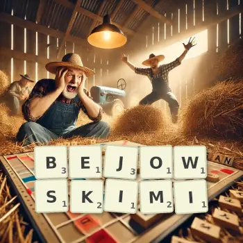 Kreatywna ilustracja do gry w Scrabble ze słowem BEJOWSKIMI ułożonym z płytek na planszy.